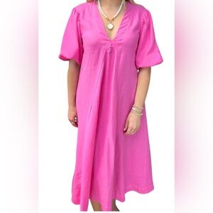 LJC designs Charlotte V-Neck PinkLinen Midi Dress by LJC Designs, size L